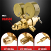 A brass gas regulator set featuring an inlet, outlet, and hose barb for welding applications.