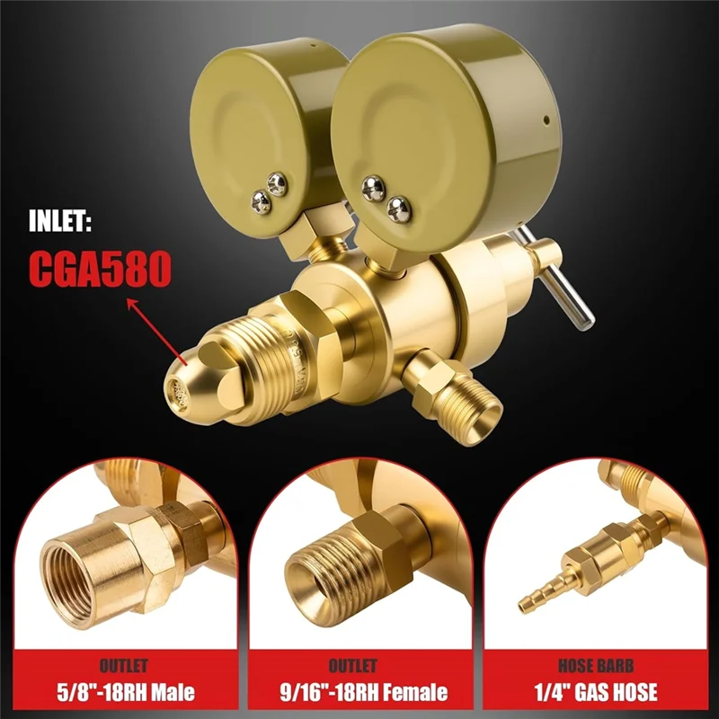 A brass gas regulator set featuring an inlet, outlet, and hose barb for welding applications.