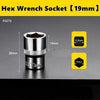 A silver hex wrench socket with a 19mm drive and 18mm length is shown against a dark background.