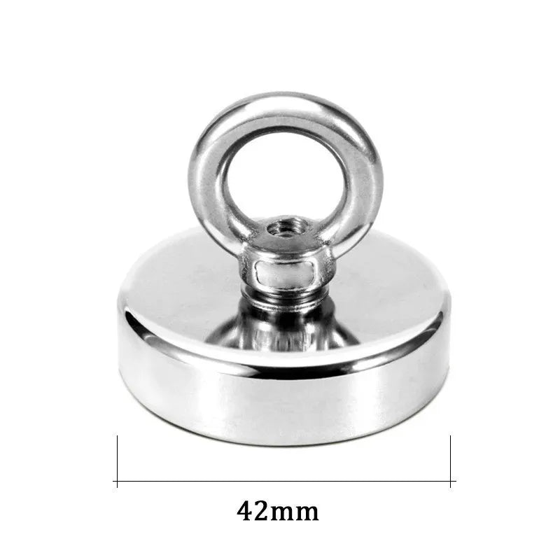 Silver heavy duty neodymium fishing magnet with a circular base and a loop.