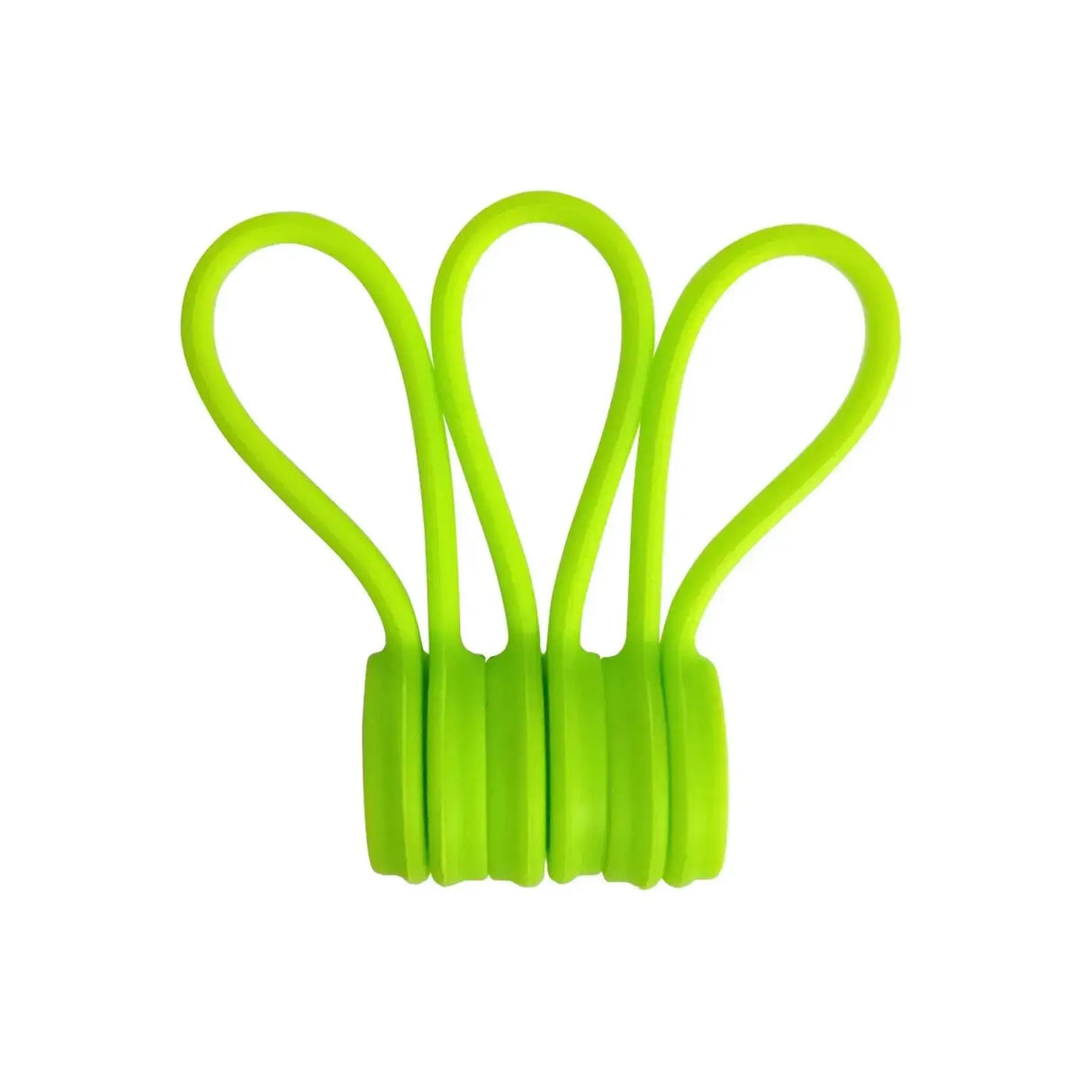 Un pack de trois attaches de câble en silicone magnétique vert lime vif.