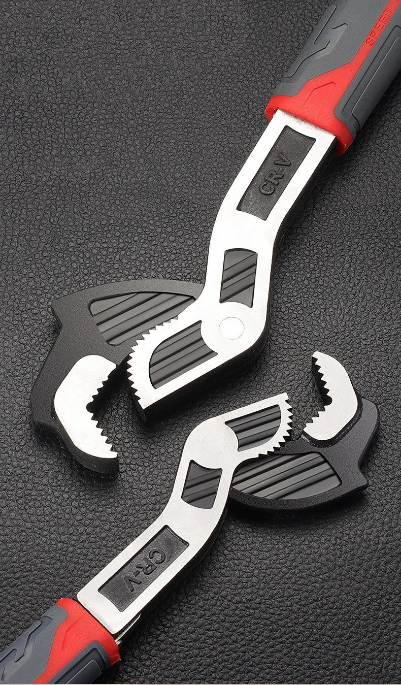 A pair of silver and black adjustable multi-sized locking wrench set with red handles.