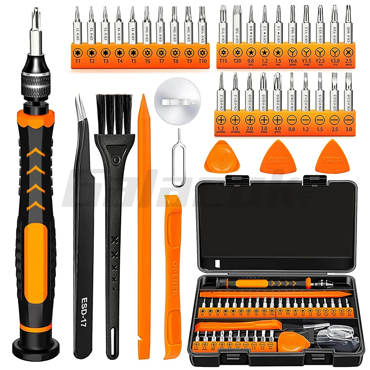 A collection of precision screwdrivers and tools in various sizes and tips, including a screwdriver set and other electronic 