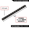 Black socket organizer rail with 12 clips for storing 1/2 inch drive sockets.