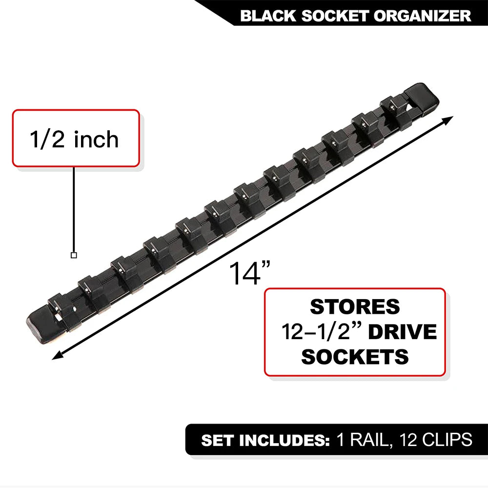 Black socket organizer rail with 12 clips for storing 1/2 inch drive sockets