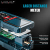 A close-up view of a blue digital laser distance meter PCB board and housing with an optical focusing lens and semiconductor 