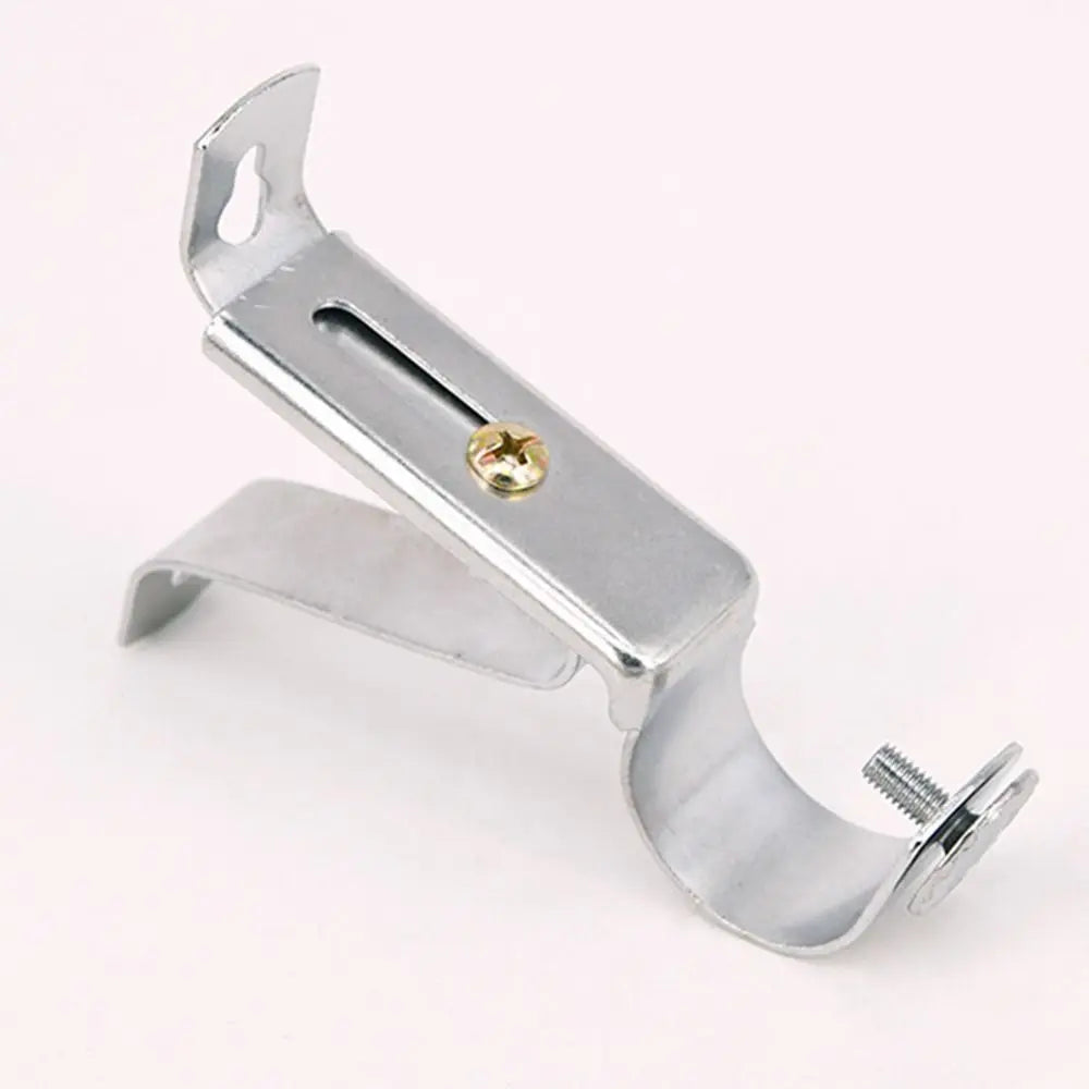 Silver adjustable metal curtain rod brackets with a small gold-colored pin and an attached screw.