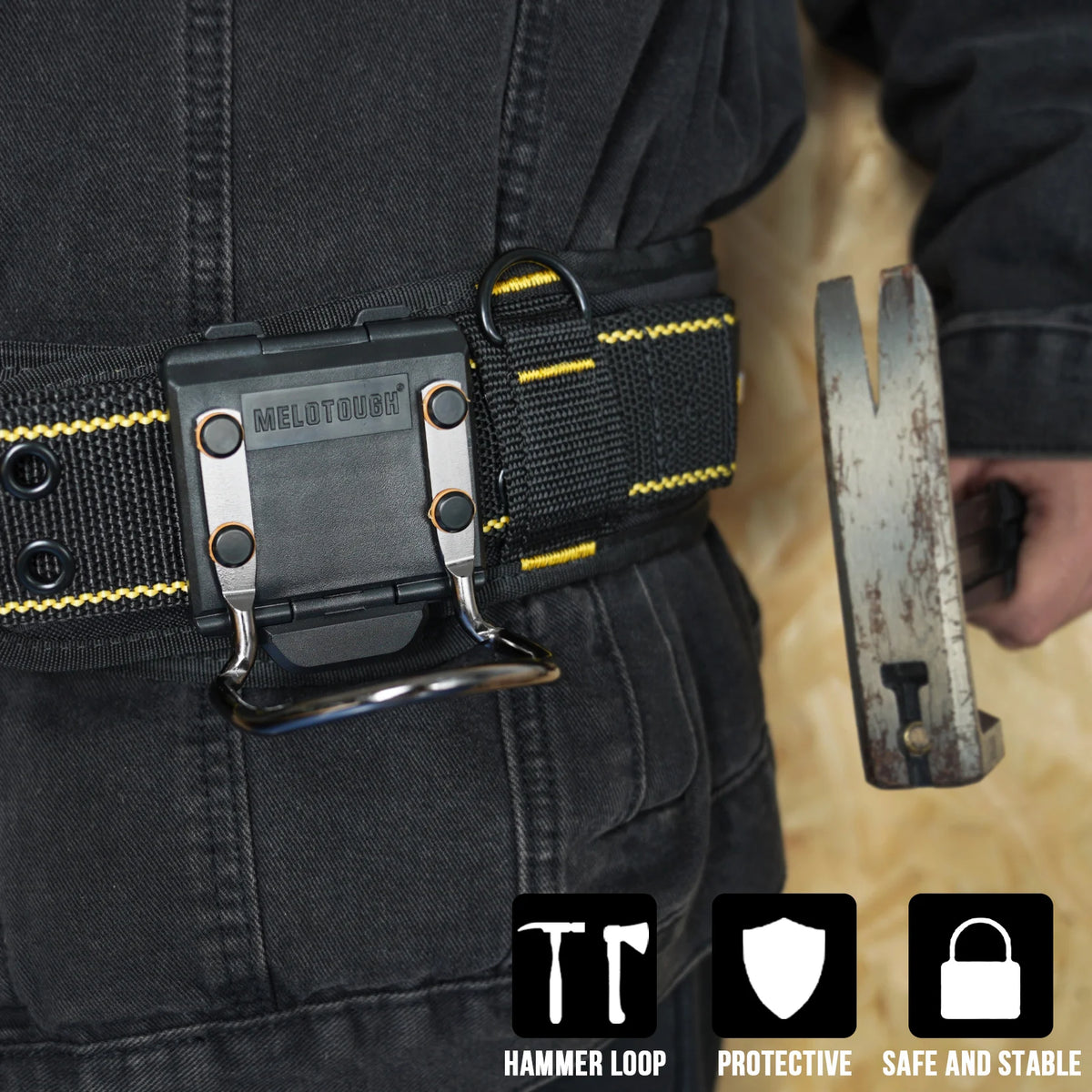 A black belt with a metal hammer loop and protective features attached.