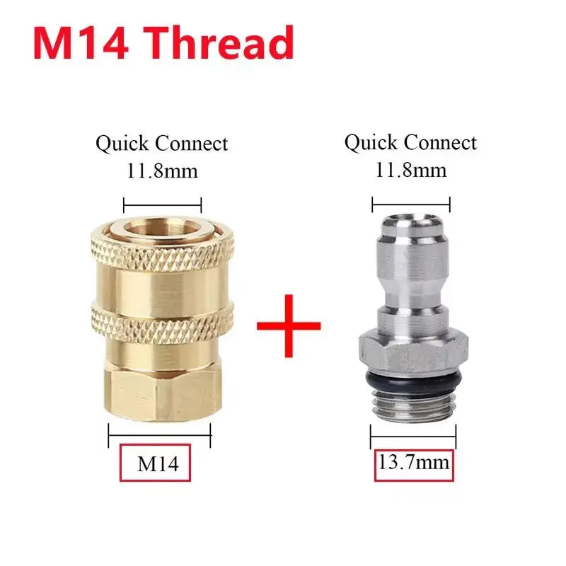 M14 thread quick connect fitting set showing various sizes and dimensions