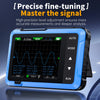 A blue digital oscilloscope device is shown with a screen displaying an electrical signal graph.