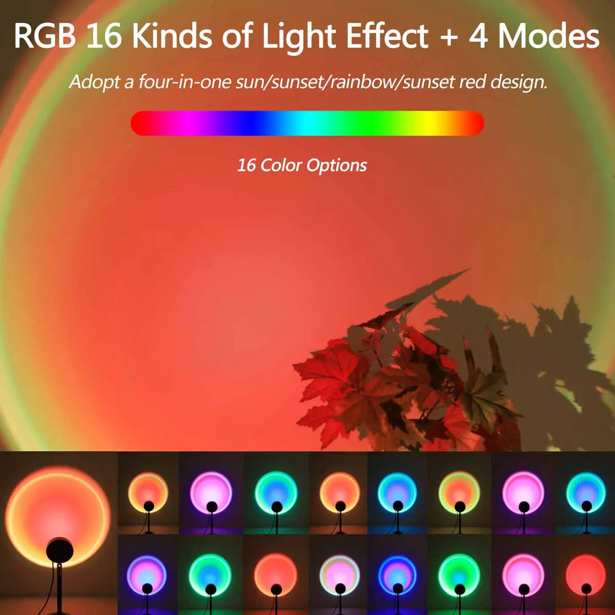 A display of 16 color options for an RGB light effect, showing various sunset and rainbow designs.