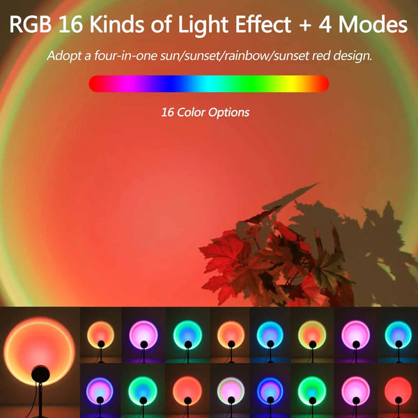 A display of 16 color options for an RGB light effect, showing various sunset and rainbow designs.