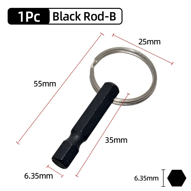 A black rod-B screwdriver bit holder with various dimensions marked on the image.