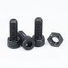 Assortment of black precision hex socket head cap screws and nuts.