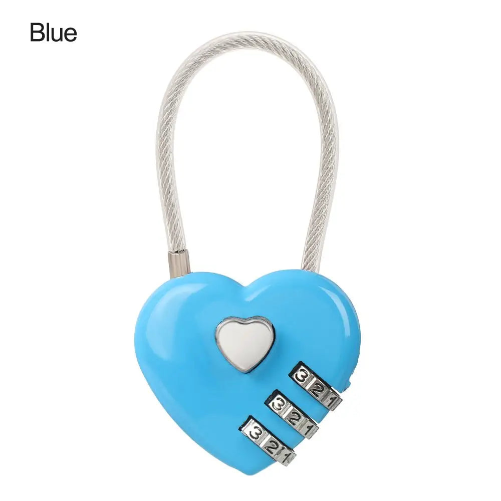 Blue heart-shaped 3-digit combination lock with a white cord.