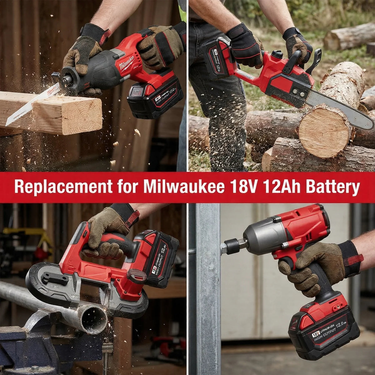 A person is using a replacement battery for Milwaukee M18 tools on various power tools and wood cutting tasks.