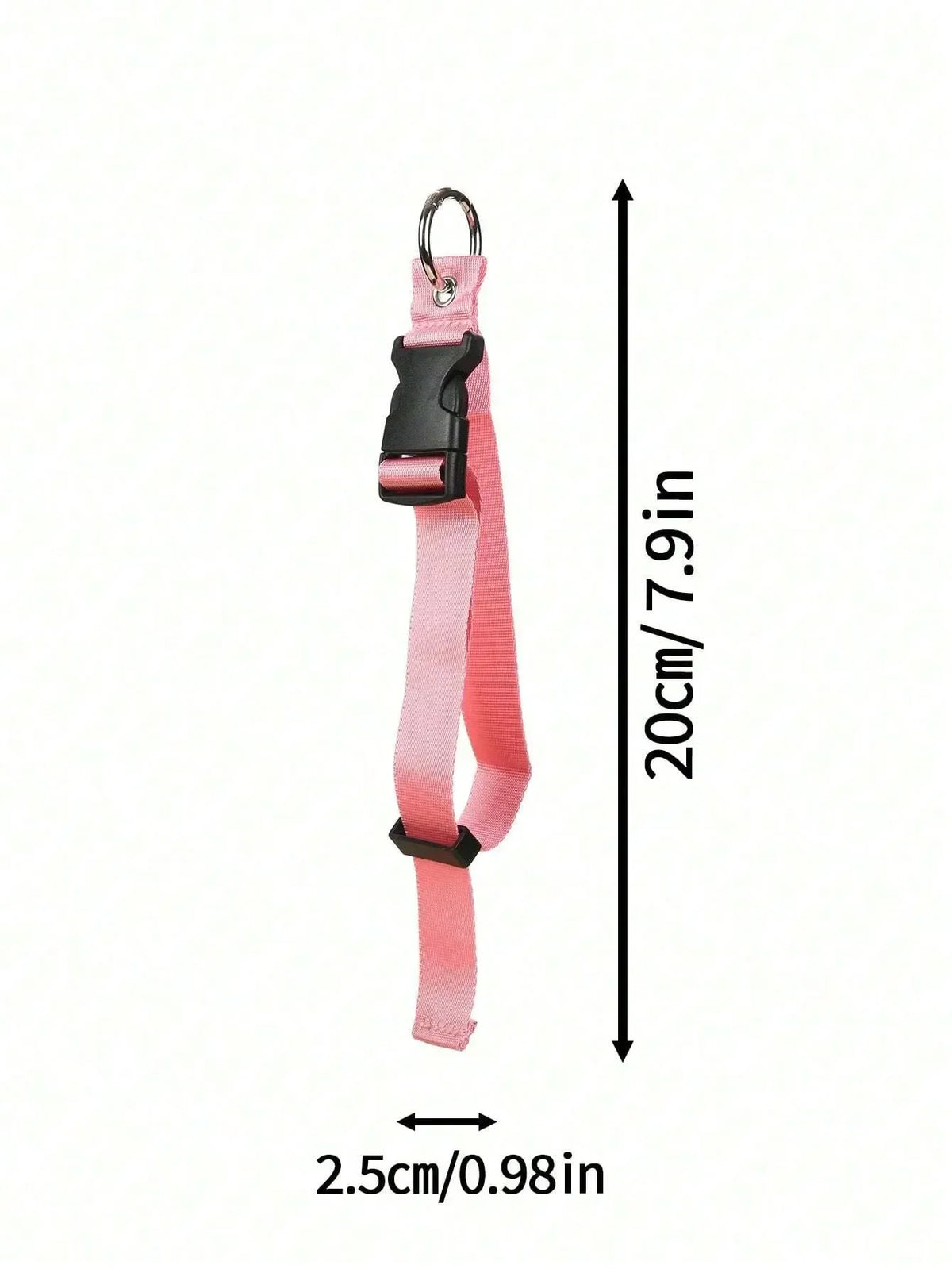 Rosa strap und Rucksack-Klammern-Set in vertikaler Ansicht mit Maßen