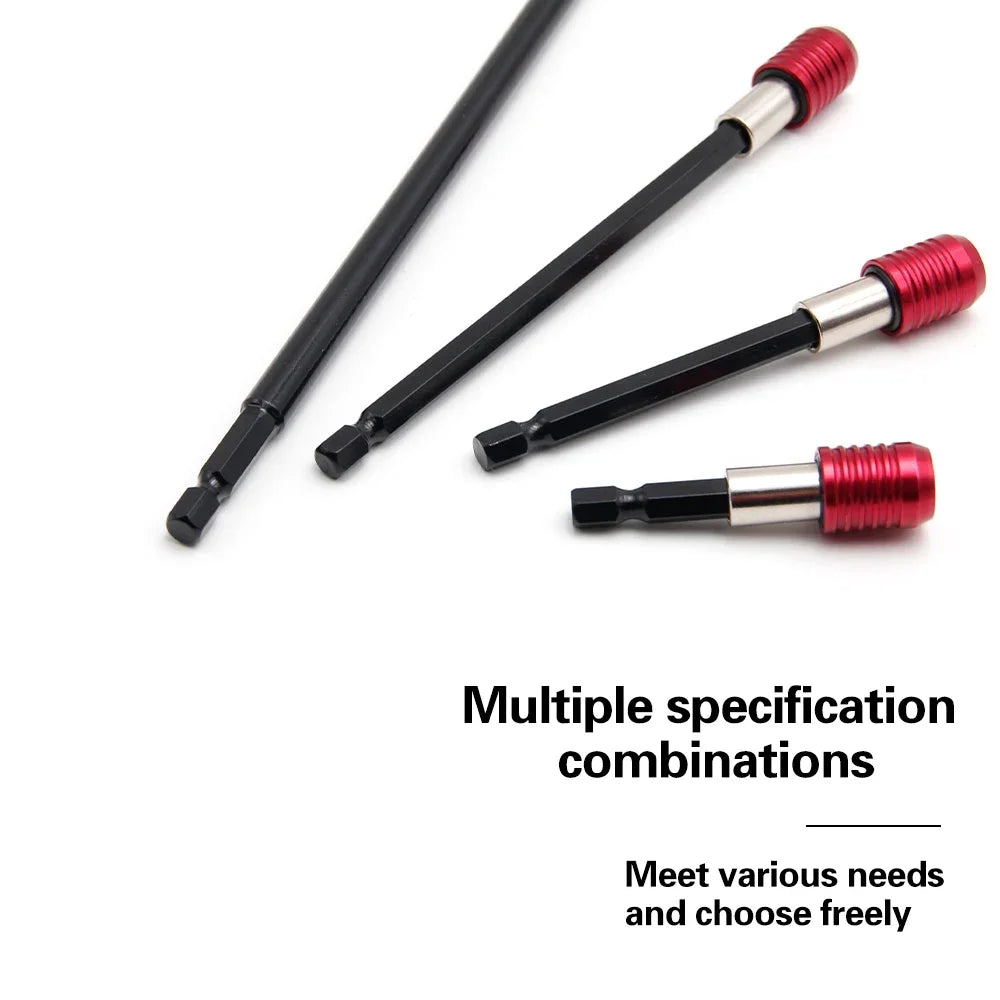 A set of three adjustable socket extension bars in black and red for various tools