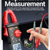 A hand is using a red test lead to measure capacitance with a digital clamp meter and capacitor.