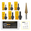 A set of yellow and black rivet nut tools, including various sizes M3 to M10, and a digital measuring tool.