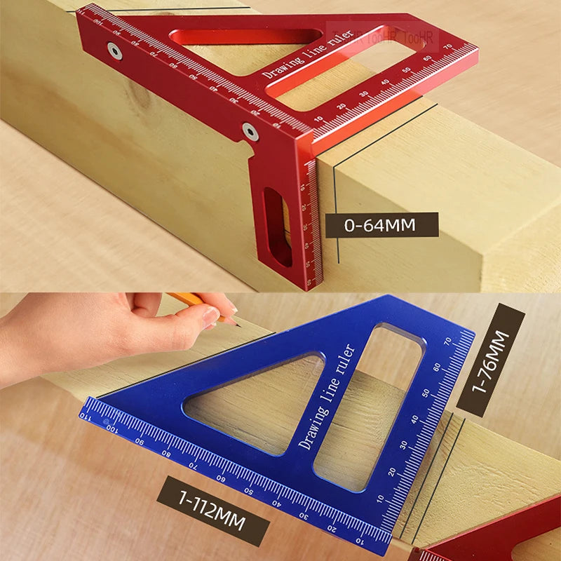 A red and blue drawing line ruler is shown measuring a wooden board, demonstrating a miter triangle layout tool.