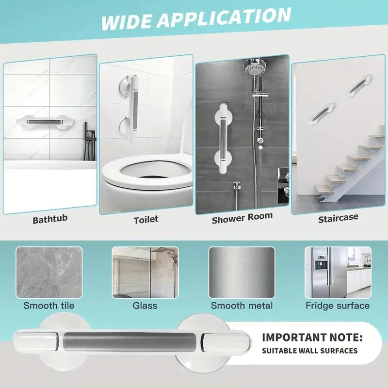 A silver grab bar with suction cups shown in various applications including a bathtub, toilet, shower room, and staircase.