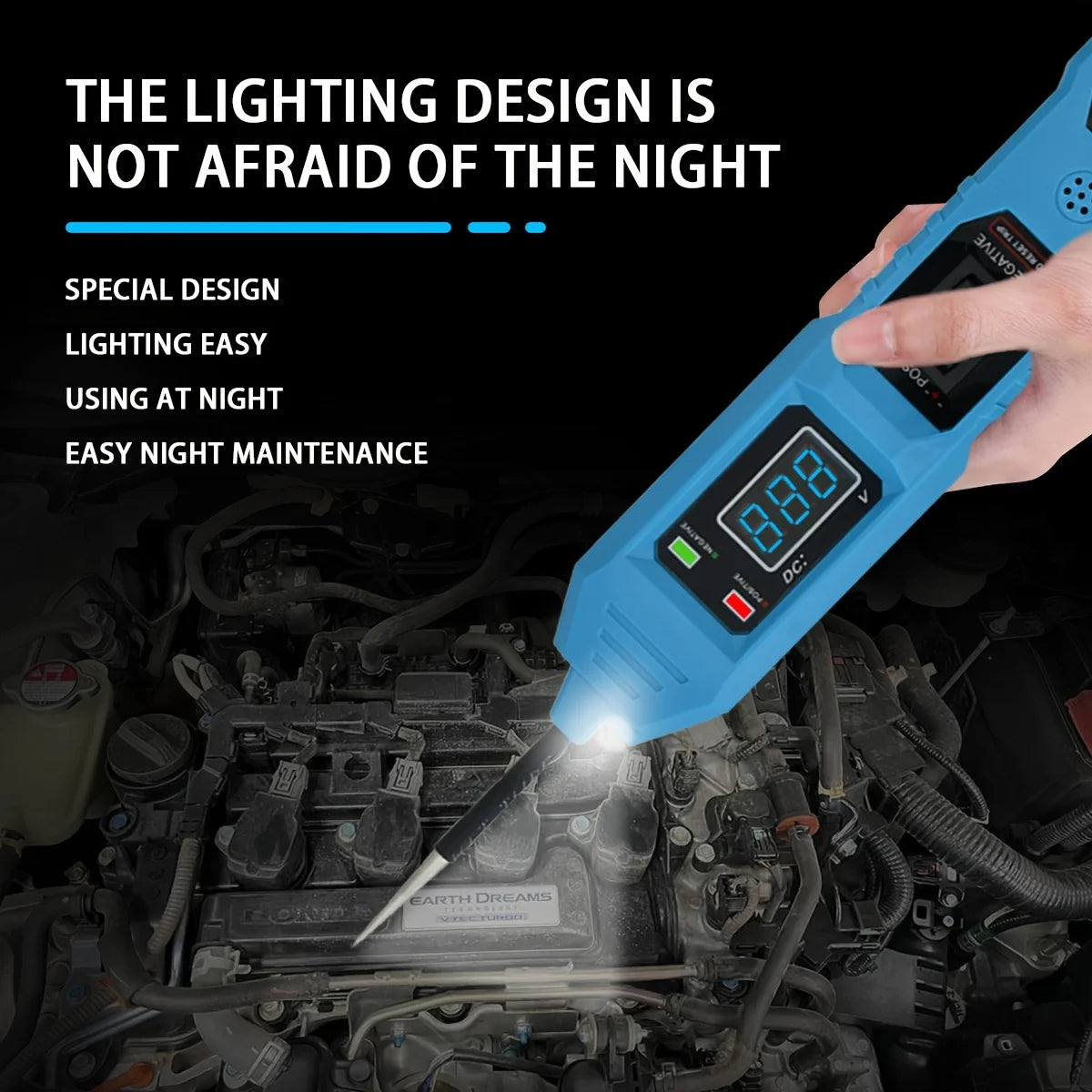 A hand holds a blue digital multimeter probe illuminating an engine component for electrical testing.