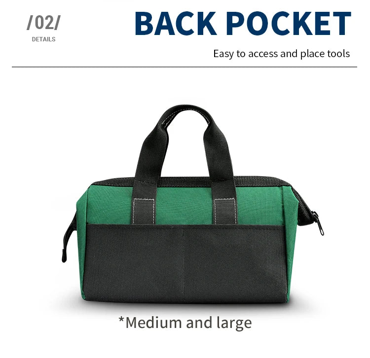 Bolsa de herramientas negra y verde con bolsillo trasero mostrada en un estudio.