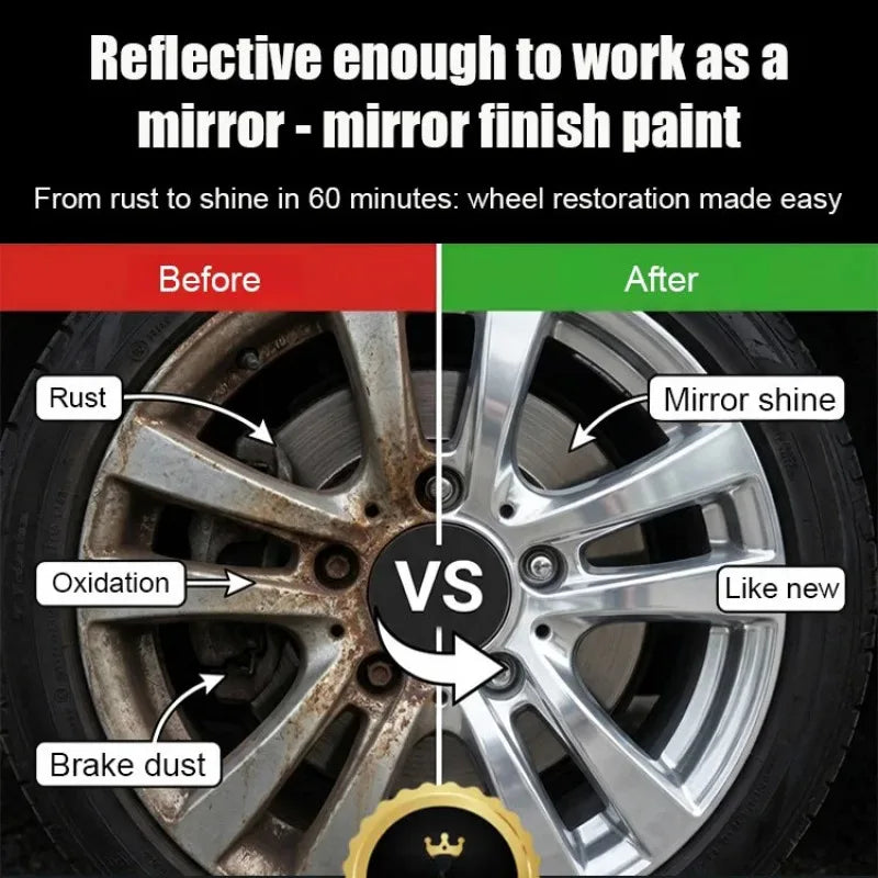Comparación antes y después de óxido y oxidación en una rueda con pintura de acabado espejo reflectante