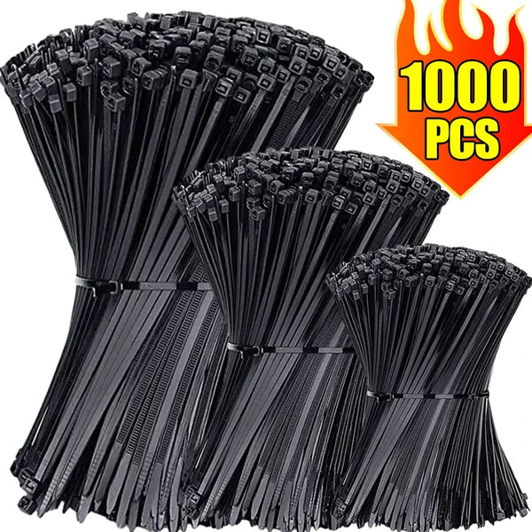 Un paquete de 1000 bridas de nylon negras ajustables en una caja.