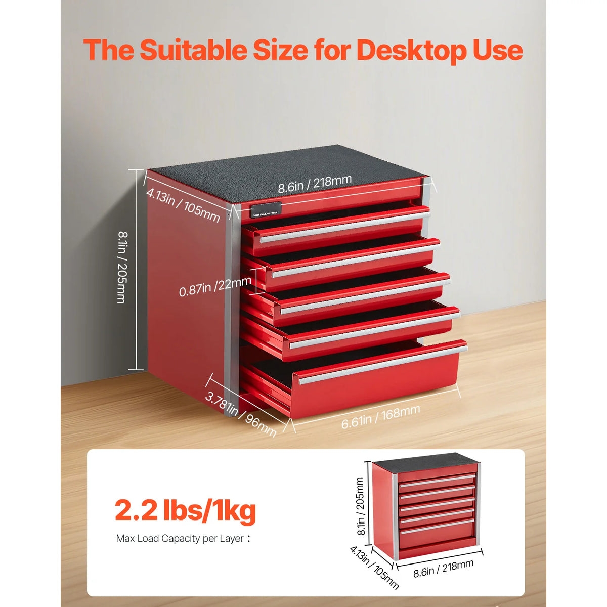 A red metal portable toolbox with five drawers shown in an angled view, highlighting its desktop size and weight capacity.