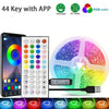A flexible RGB LED strip light, a control panel with buttons, and a smartphone displaying color options.