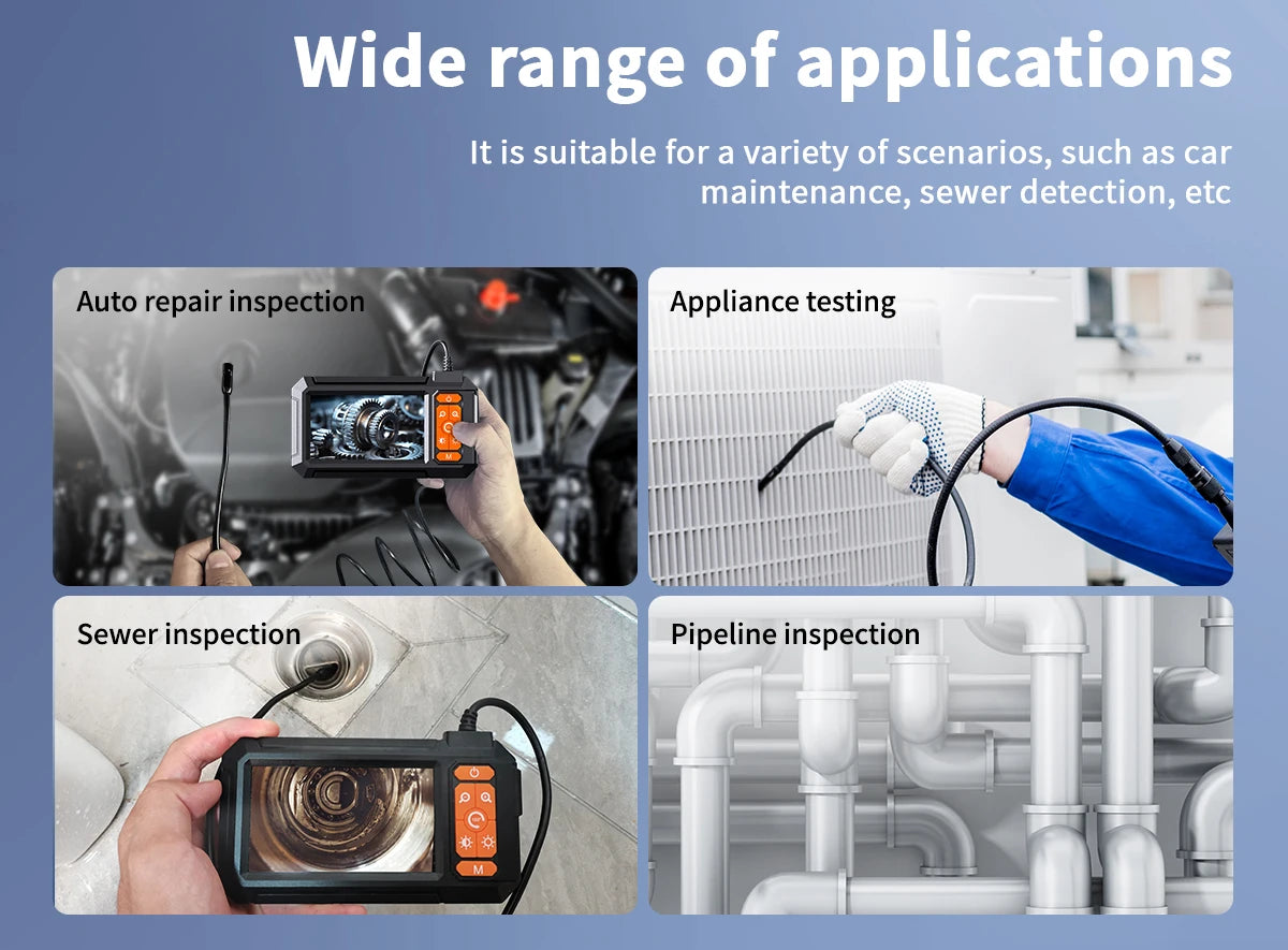 An industrial borescope is shown being used for various inspections including car maintenance, appliance testing, sewer detec