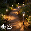 A row of solar powered outdoor garden lanterns lining a dirt path in a garden setting.