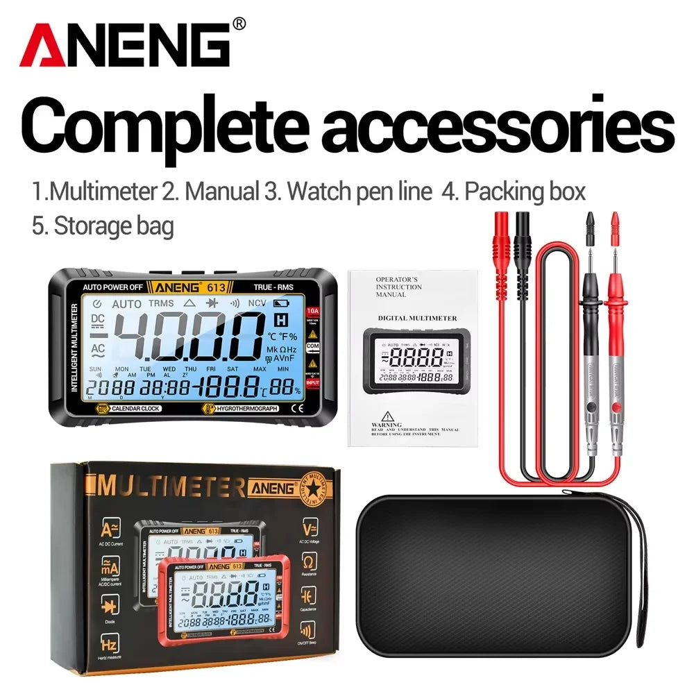 A set of ANENG complete accessories including a digital multimeter, manual, watch pen, packing box, and storage bag.
