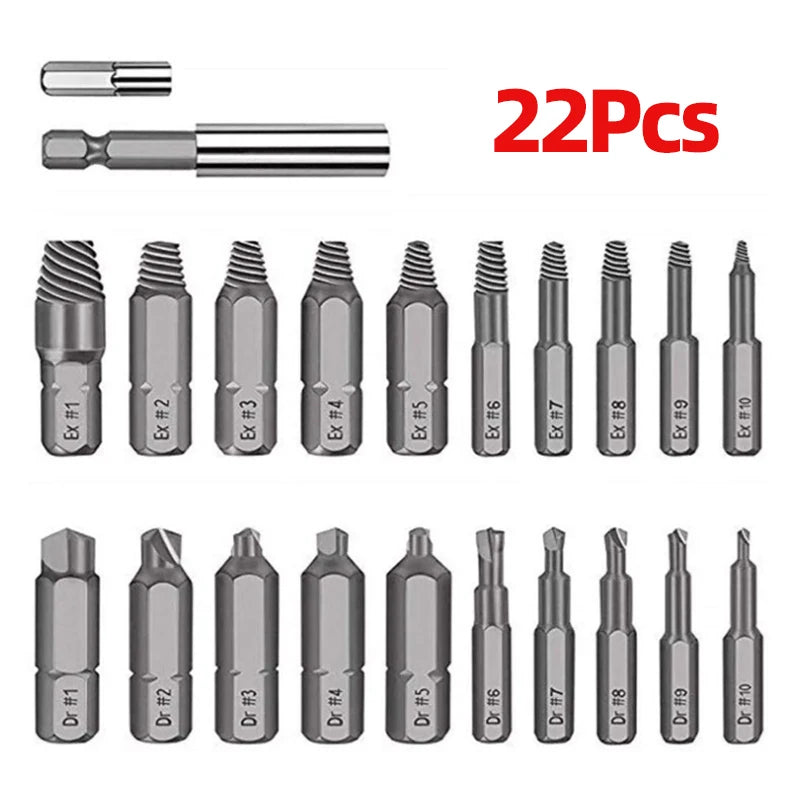 A set of 22 magnetic screw extractor drill bits and a corresponding tool for repairing broken screw heads.