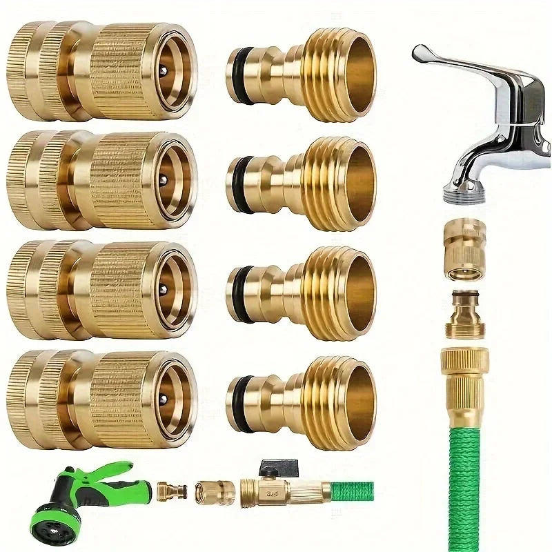 A set of brass quick connect hose fittings and a green hose with a connector.