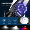 A high-power rechargeable LED tactical flashlight with seven lighting modes displayed on a dark background.