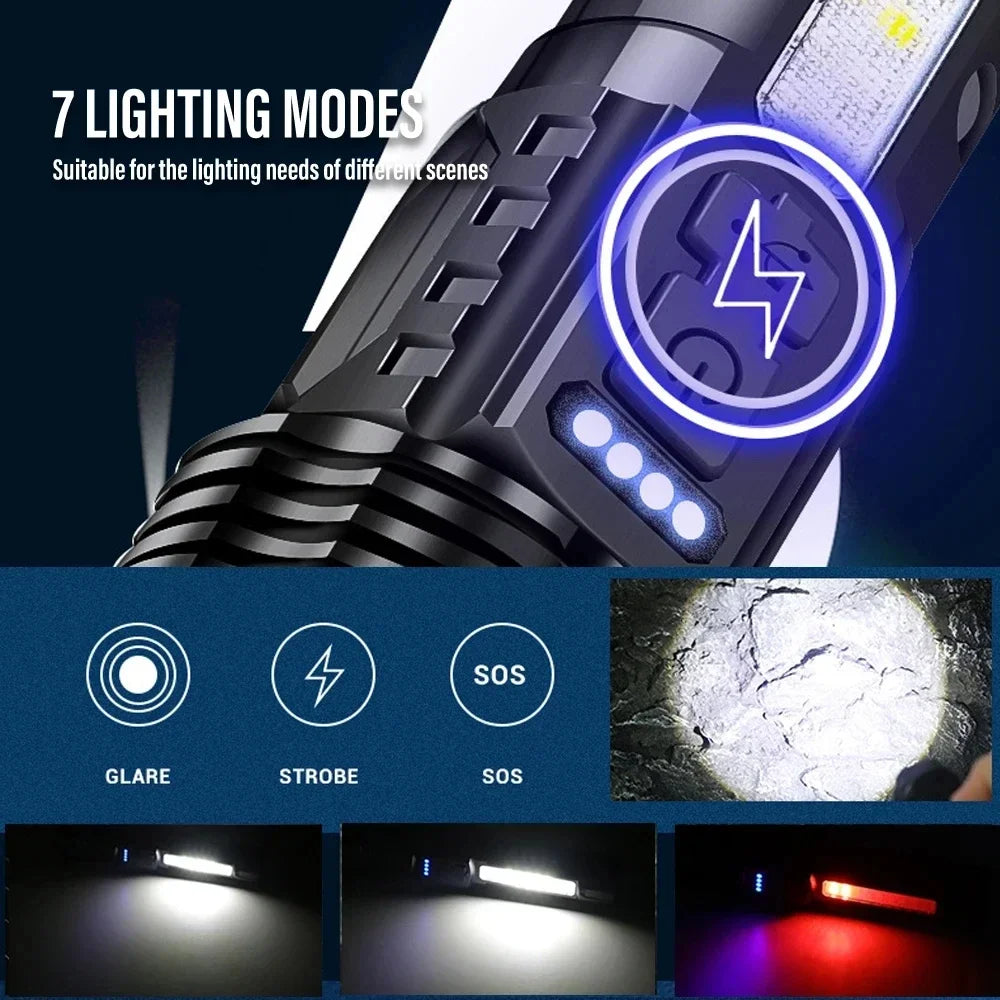 A high-power rechargeable LED tactical flashlight with seven lighting modes displayed on a dark background.