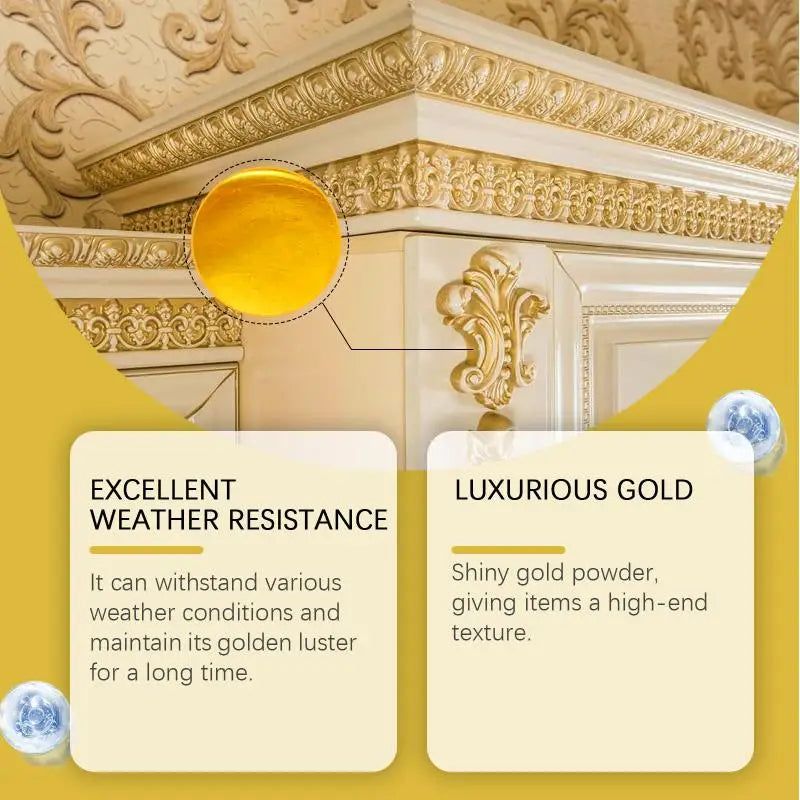 Close-up of metallic gold exterior paint showing excellent weather resistance and a luxurious, shiny gold luster on architect