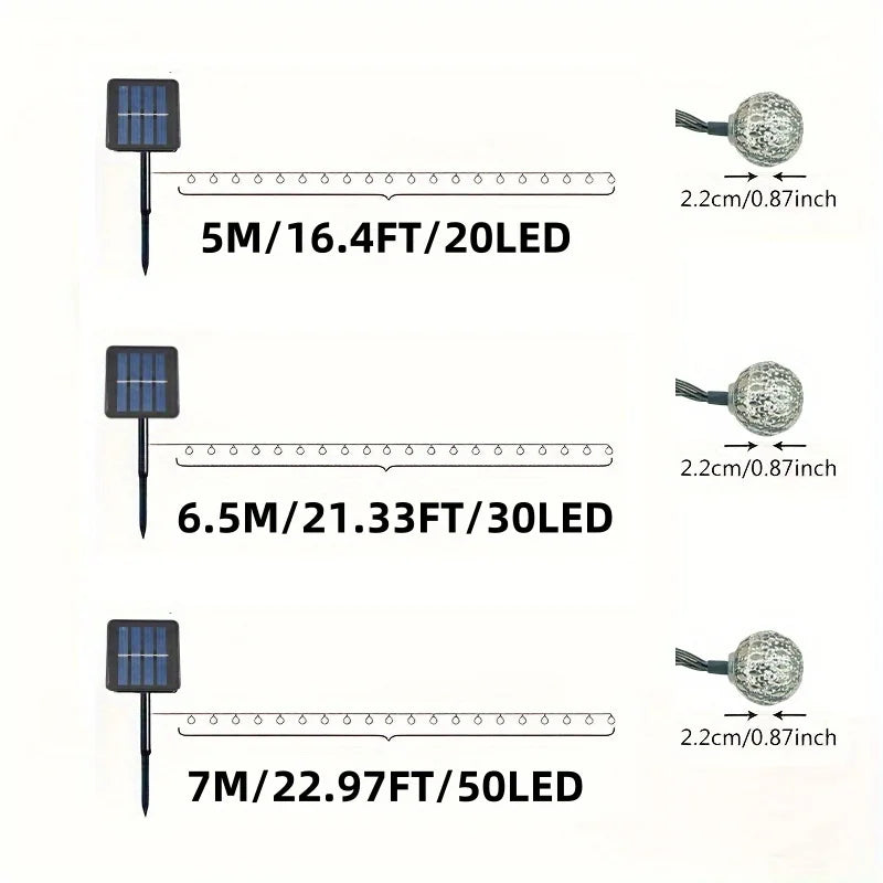 Tres versiones de luces LED solares de guirnalda, con diferente longitud y número de LEDs.