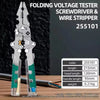 Folding voltage tester screwdriver and wire stripper tool with green and silver components