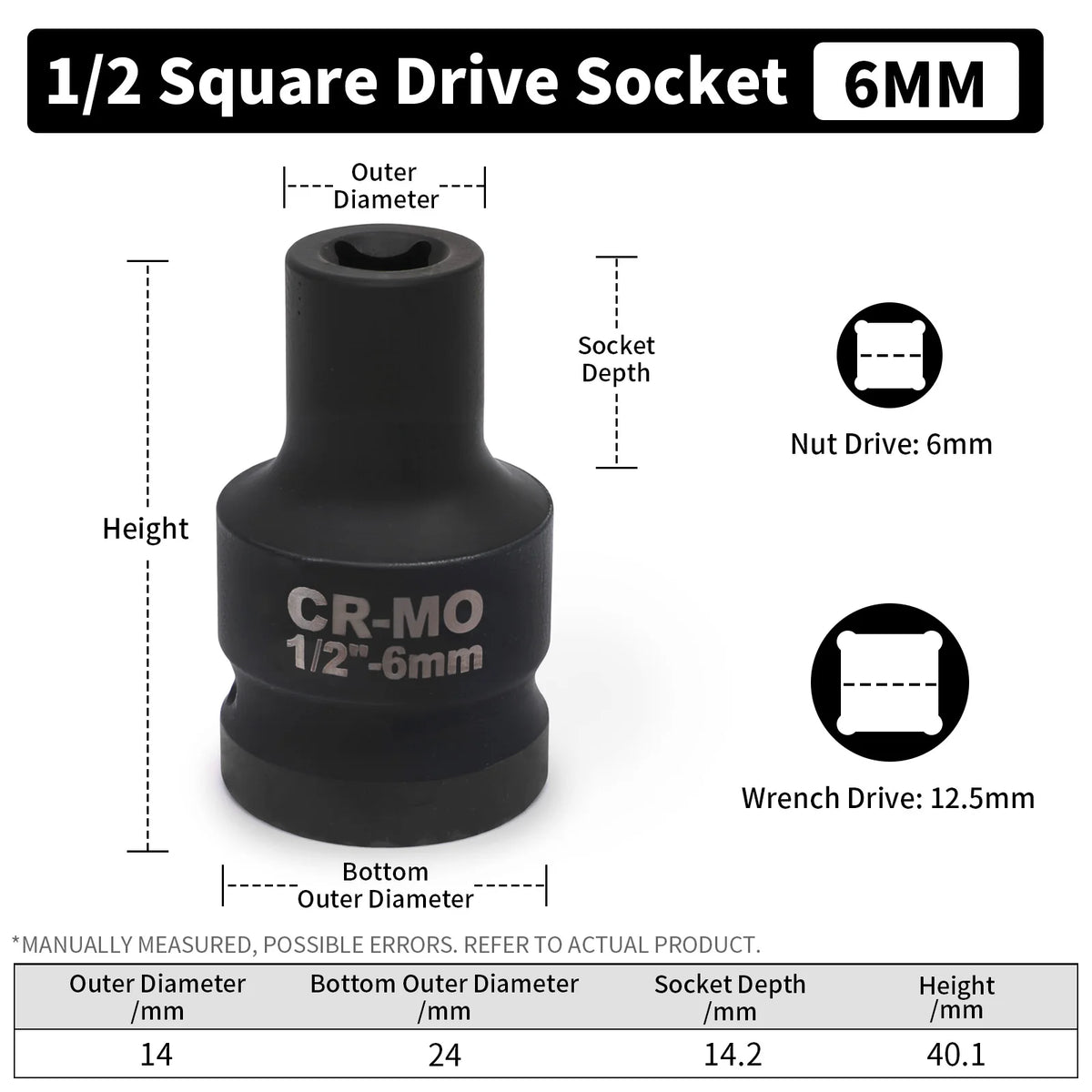 A black 1/2 square drive socket with a 6mm drive size and various dimensions shown.