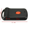 Black garage door remote transmitter with an orange button and a loop for hanging.