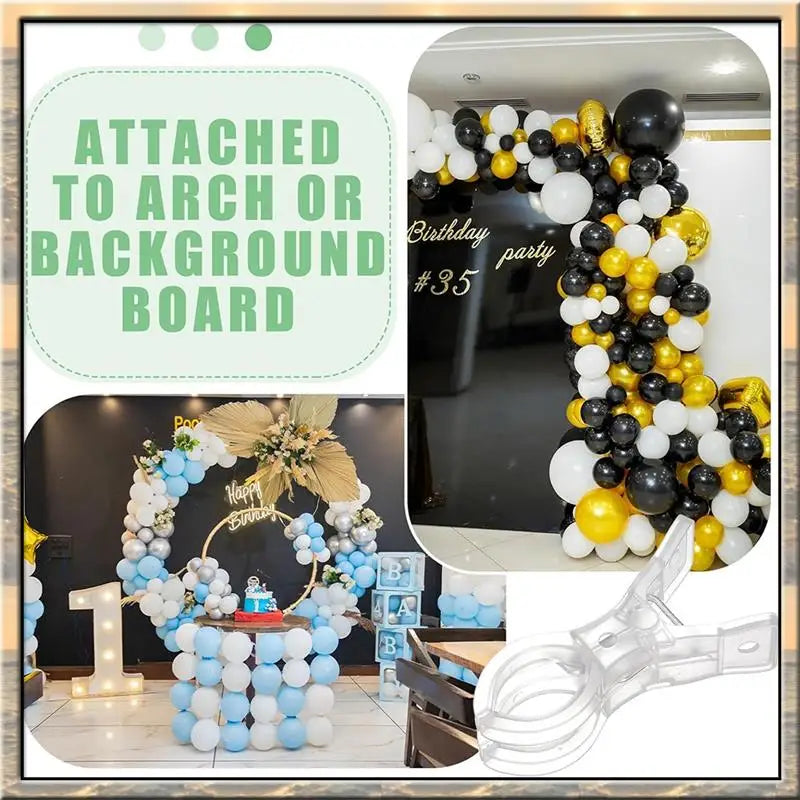 Transparent spring clamps used to attach balloons to an arch or background board for party decorations