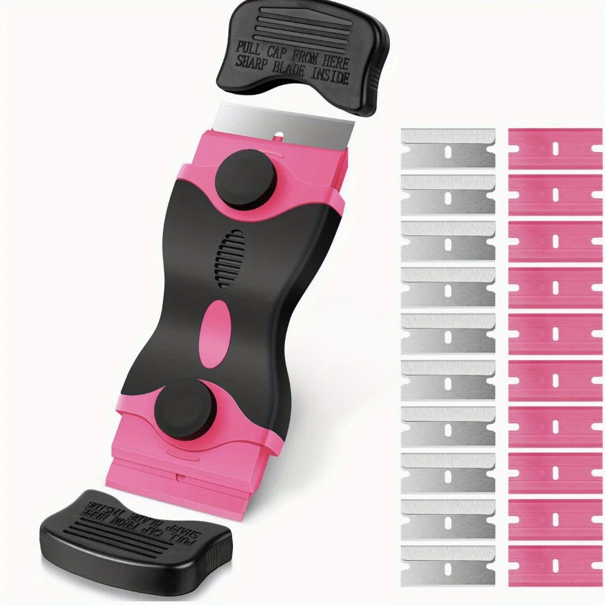 A set of silicone adhesive removal scrapers in black and pink, shown with individual pieces.