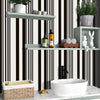 A bathroom shelf display featuring a white vessel sink, potted greenery, and decorative vinyl wall strips on a striped backgr