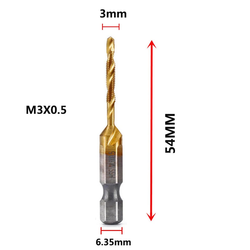 A long M3x0.5 tap and drill bit set showing the dimensions of 3mm, 54mm, and 6.35mm.