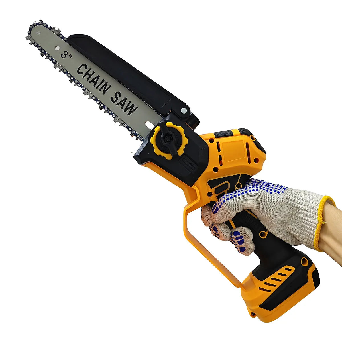 A hand holding an orange and black high-power brushless chainsaw with a chain saw blade.
