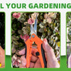 Three pairs of gardening pruning shears in yellow, orange, and red are shown being held by hands.